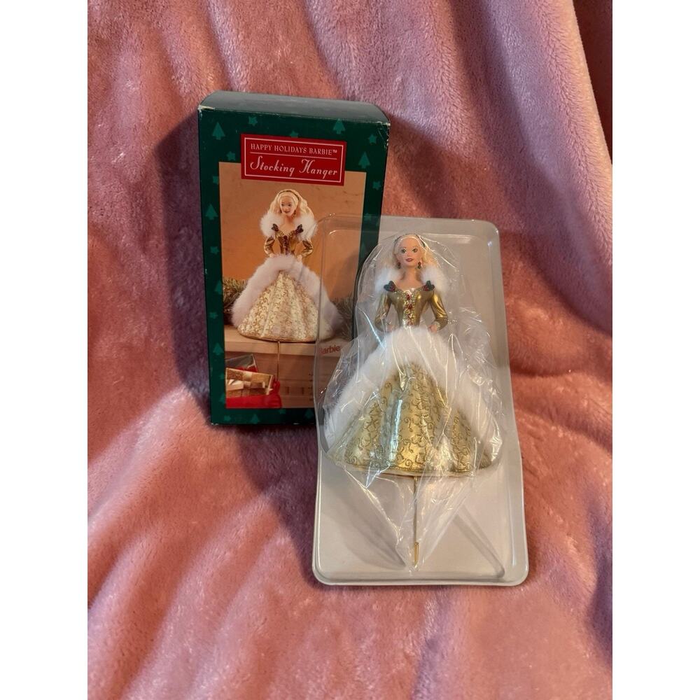Vintage 1995 Hallmark Happy Holidays Barbie Stocking Hanger Gold Gown NIB Mattel